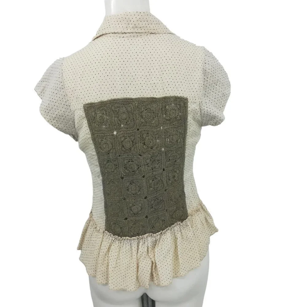 Free People Polka Dot Short Sleeve Ruffle Button Front Shirt Size XS Crochet